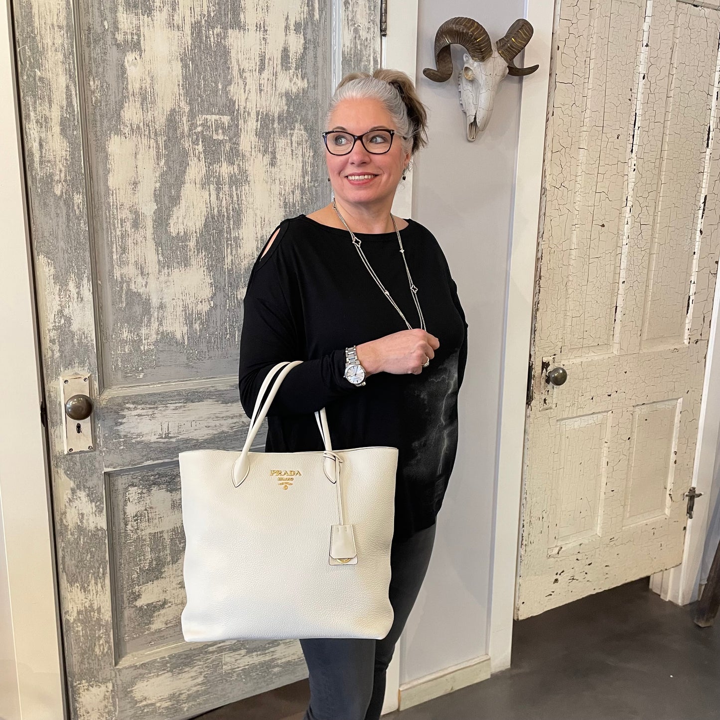 PRADA White Vitello Daino Shopper Bag