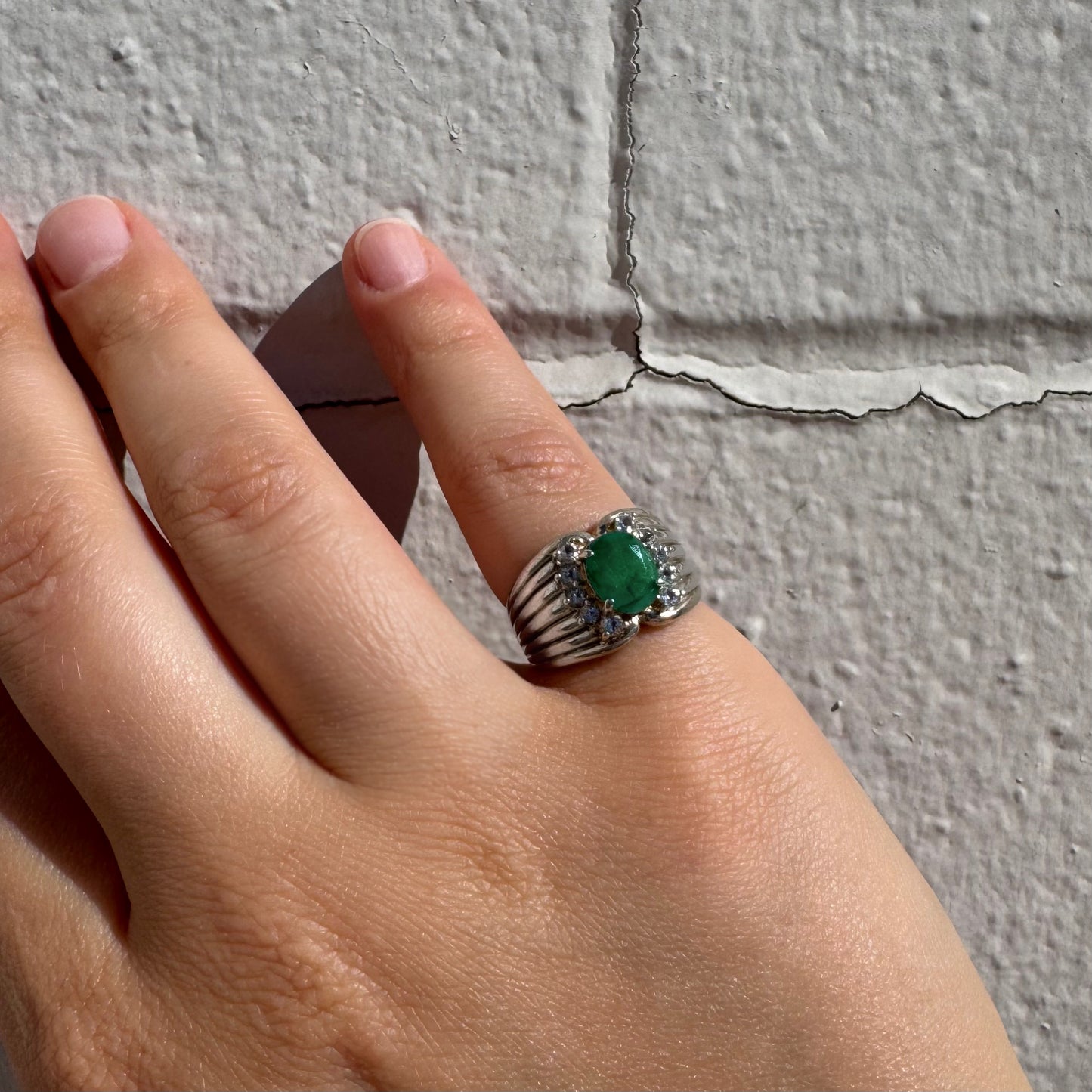 Emerald & White Topaz Sterling Silver Ring