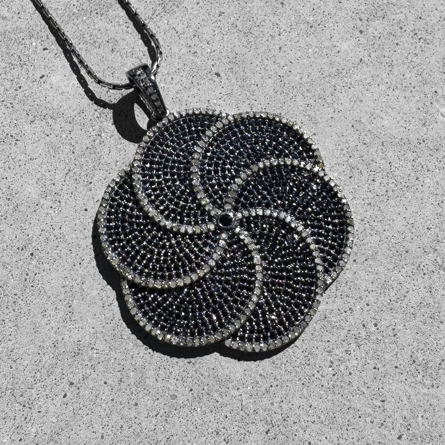 Black Spinel and Diamonds Rhodium Plated Sterling Silver Floral Pendant