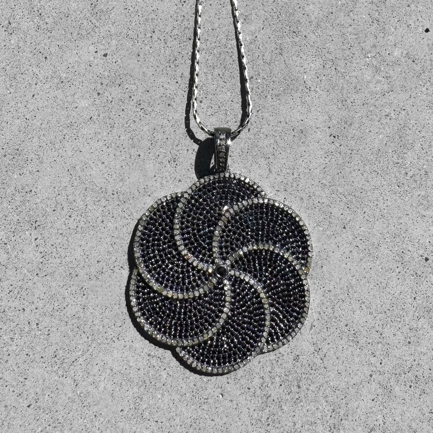 Black Spinel and Diamonds Rhodium Plated Sterling Silver Floral Pendant