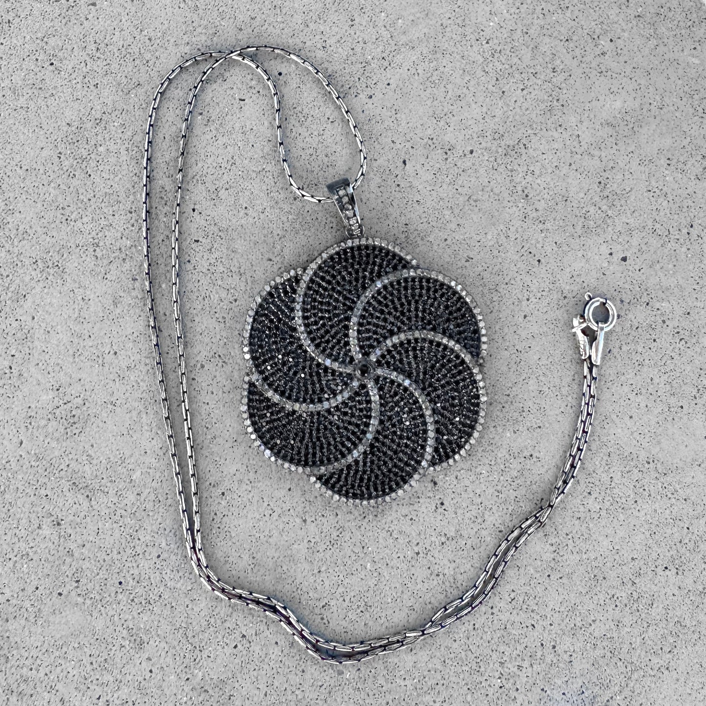 Black Spinel and Diamonds Rhodium Plated Sterling Silver Floral Pendant