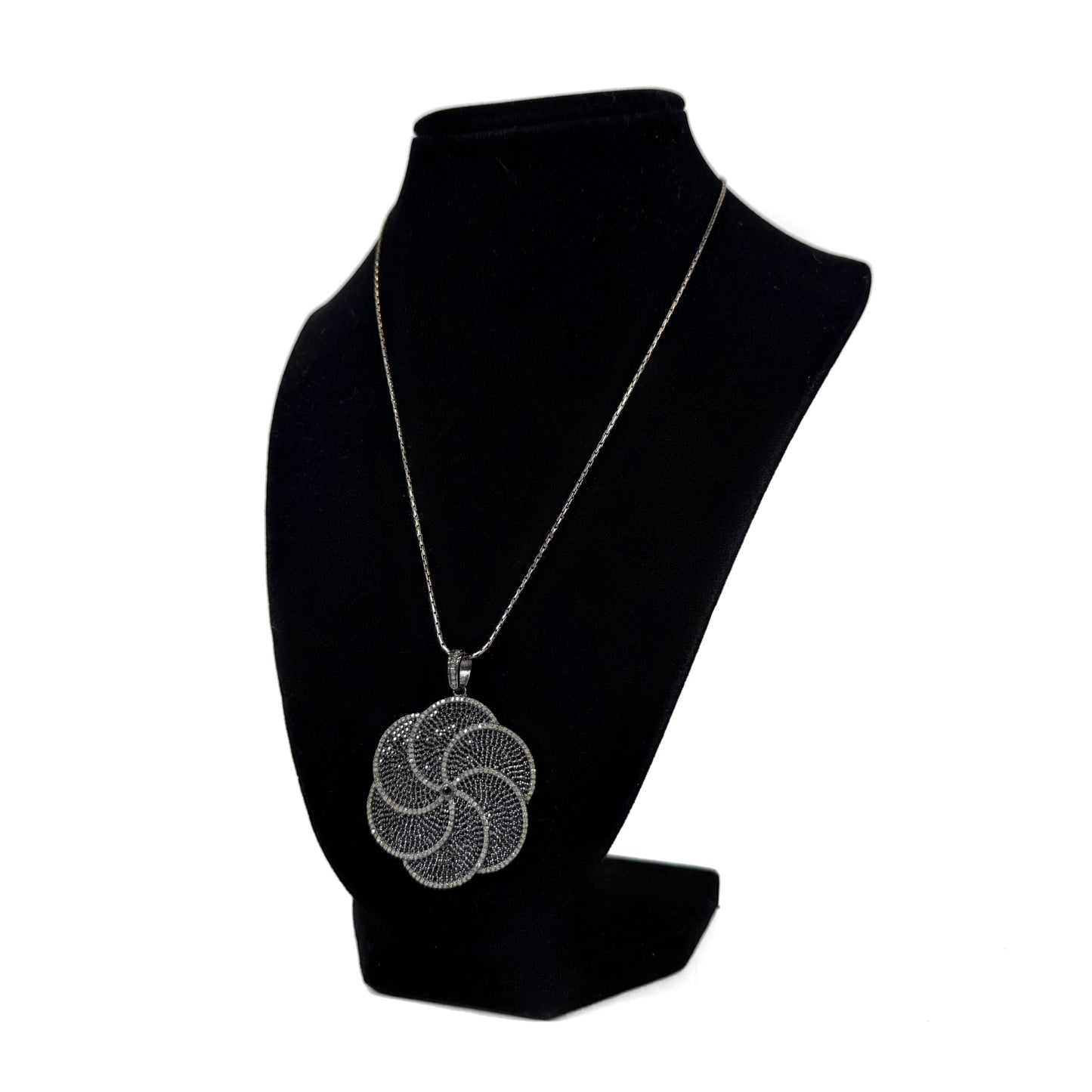 Black Spinel and Diamonds Rhodium Plated Sterling Silver Floral Pendant