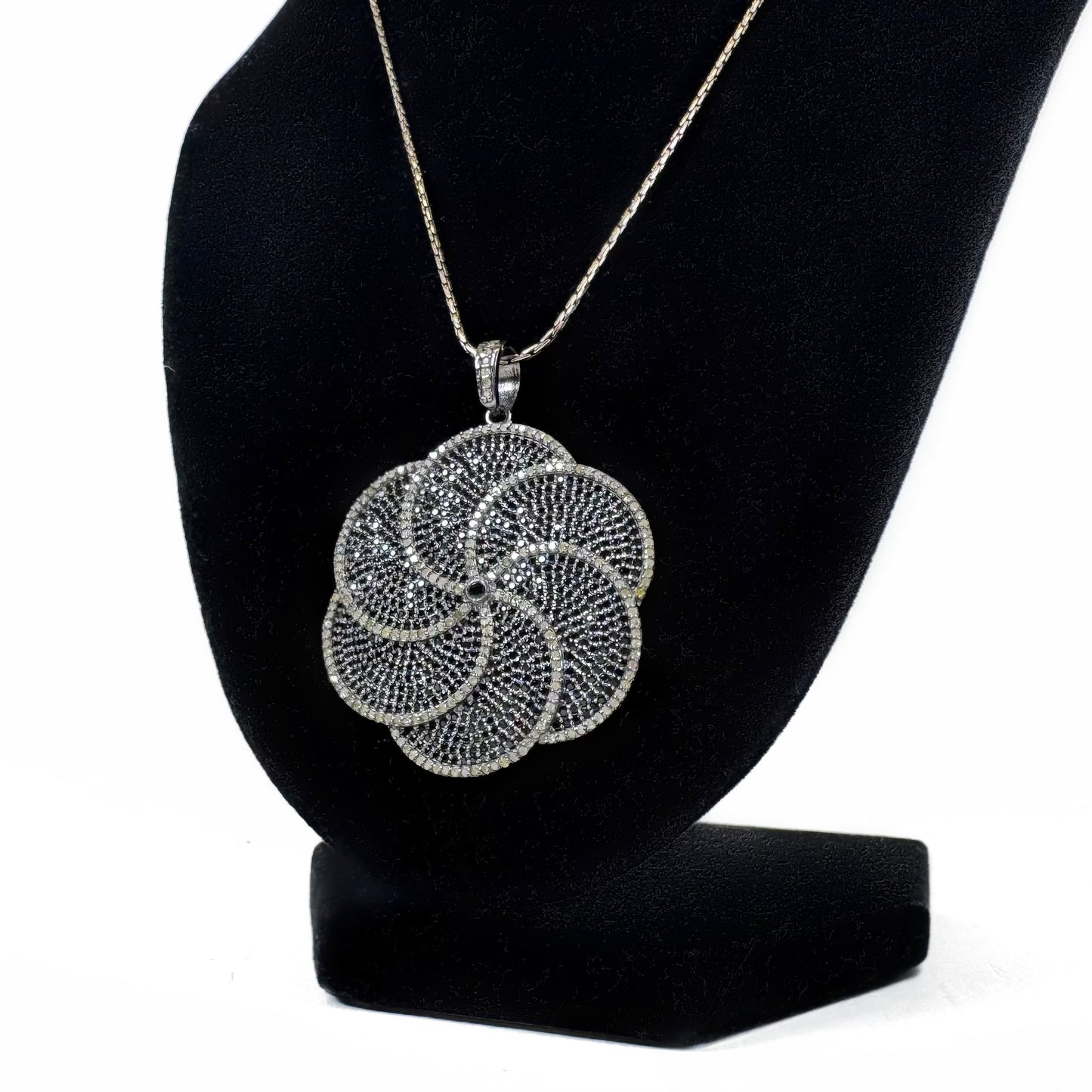 Black Spinel and Diamonds Rhodium Plated Sterling Silver Floral Pendant