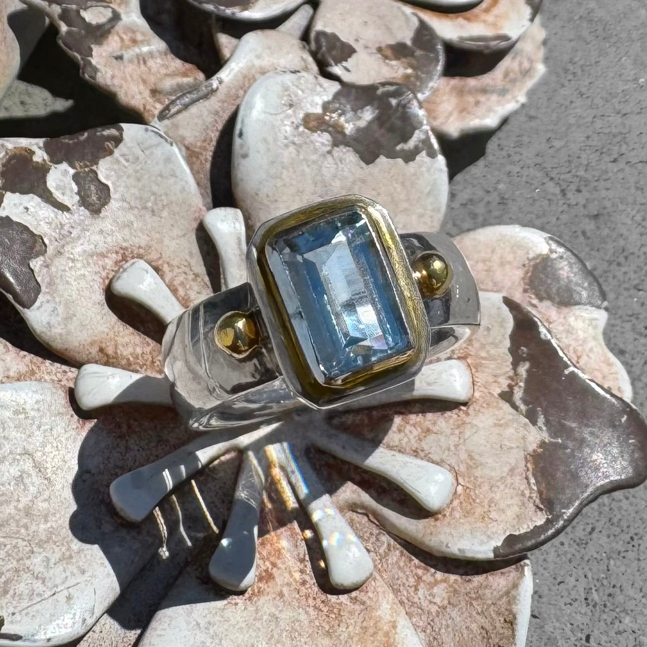 Aquamarine Yellow Gold Sterling Silver Ring