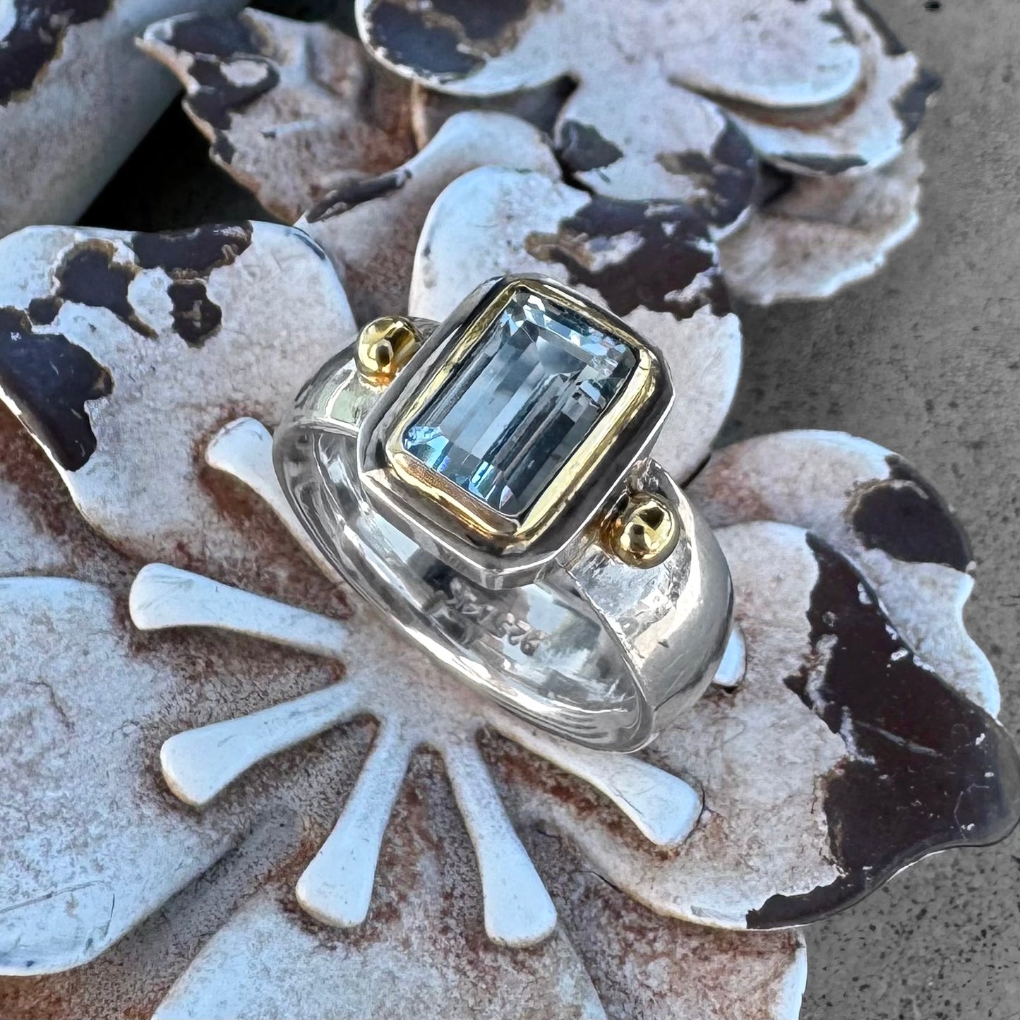 Aquamarine Yellow Gold Sterling Silver Ring