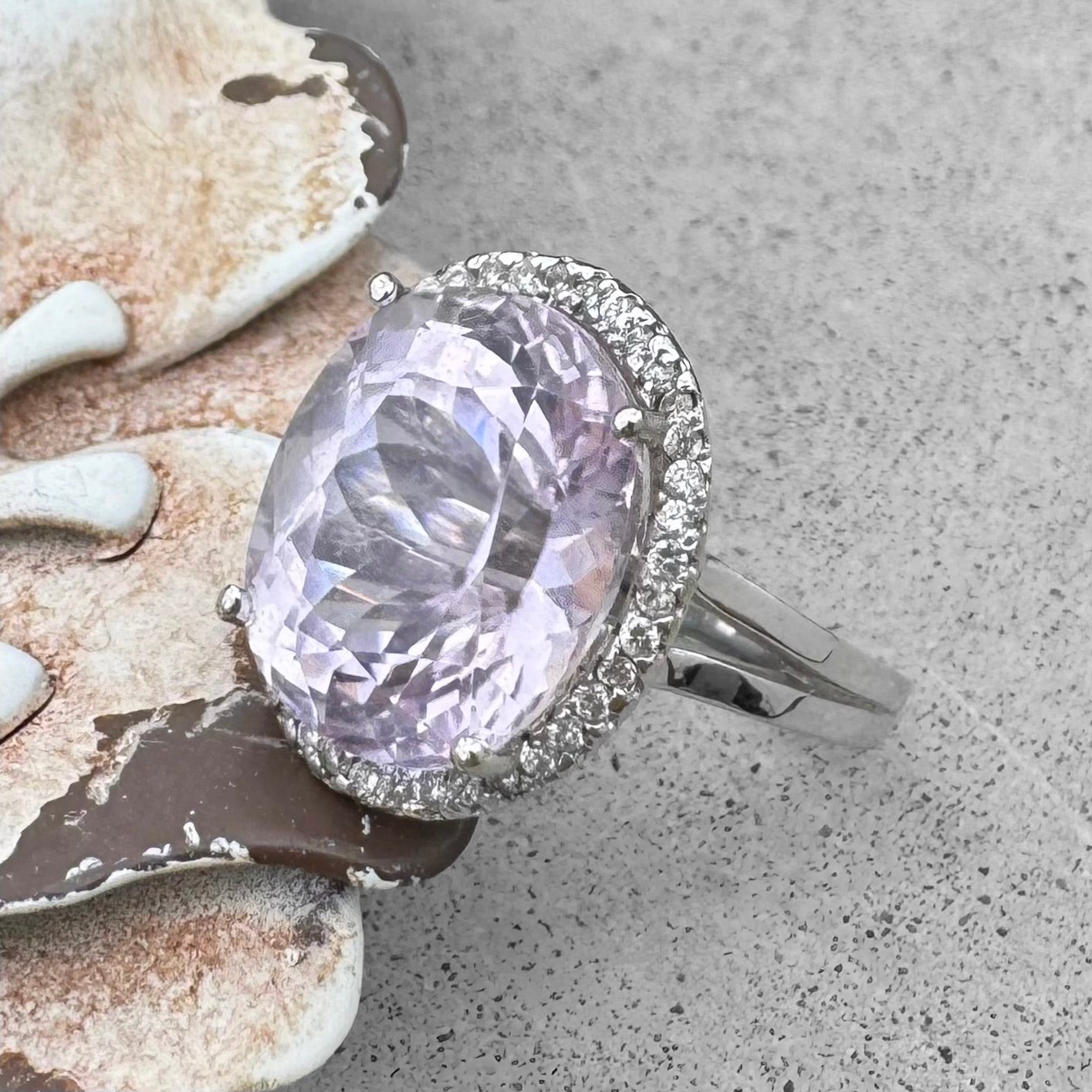 Kunzite and Diamond White Gold Halo Ring