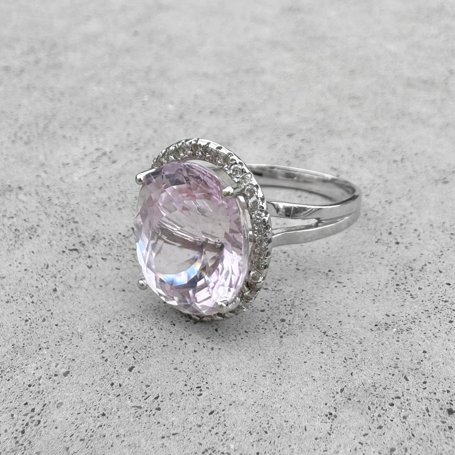 Kunzite and Diamond White Gold Halo Ring