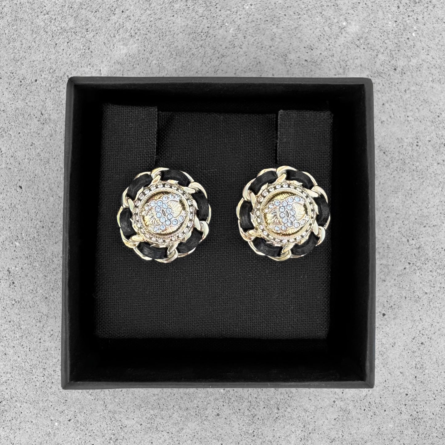 Chanel Coco Metal Lambskin Strass Stud Earrings