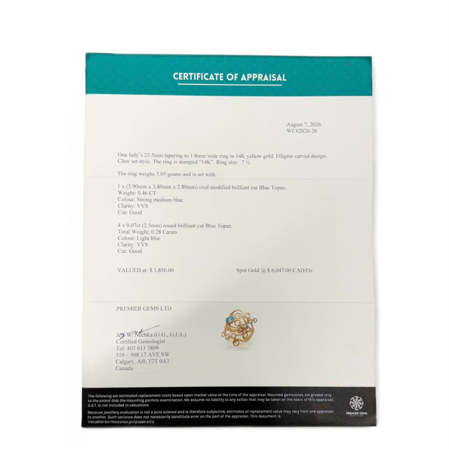 Estate Yellow Gold Blue Topaz Fligree Ring