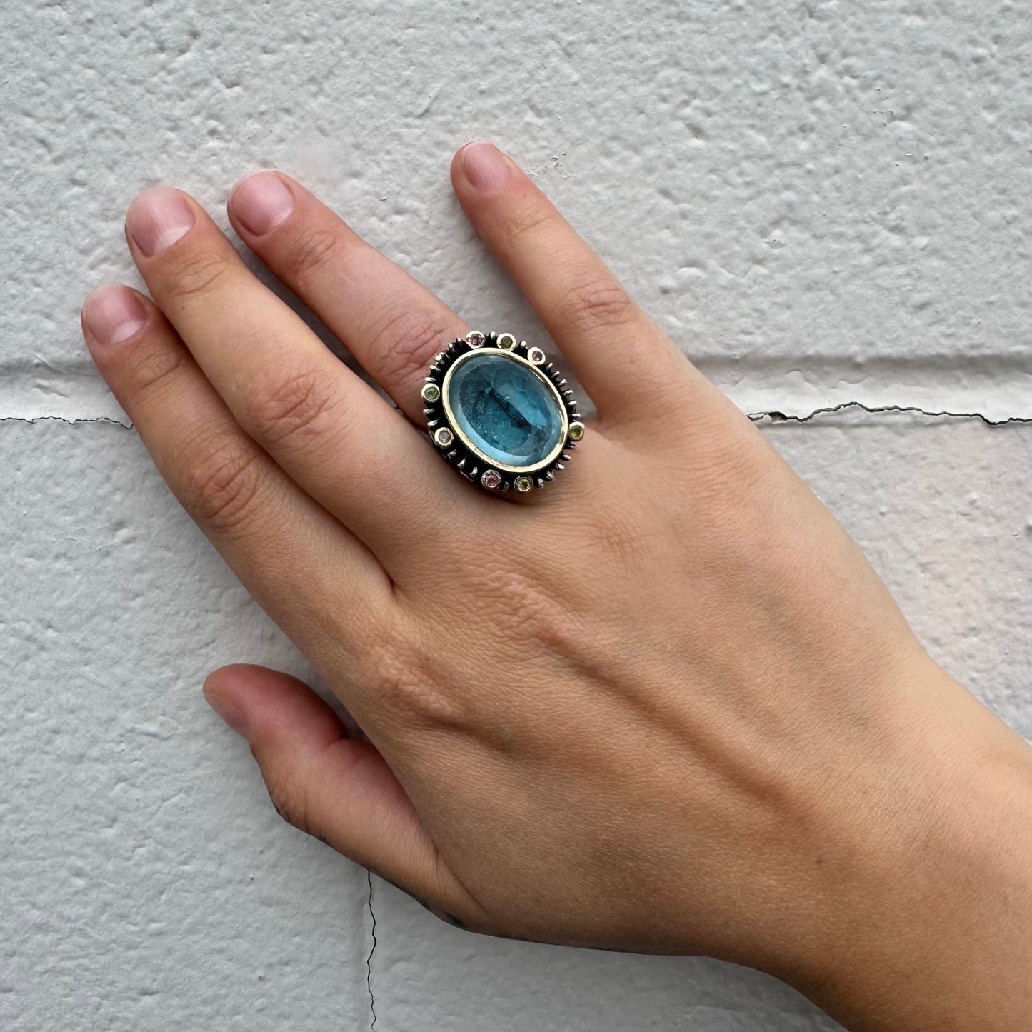 Styliano Blue Topaz and Tourmalines Yellow Gold Sterling Silver Ring