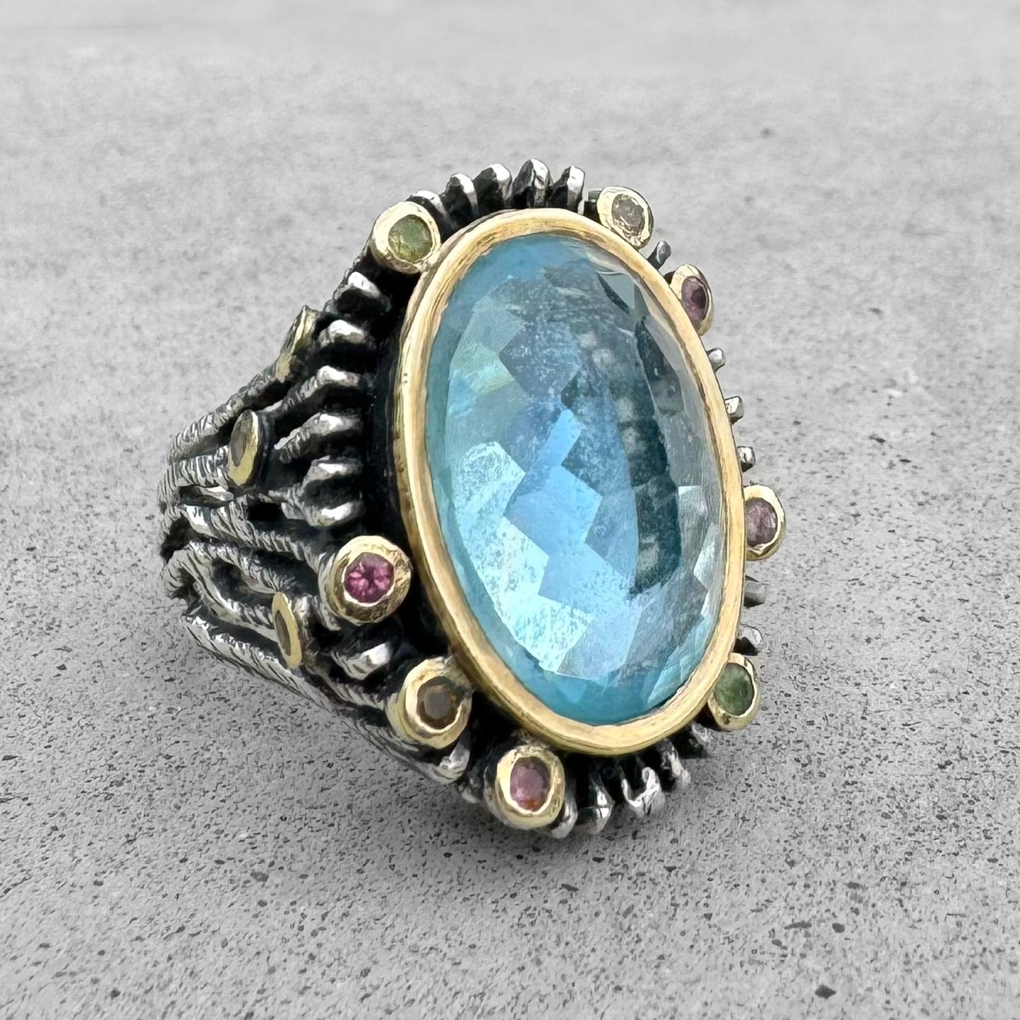 Styliano Blue Topaz and Tourmalines Yellow Gold Sterling Silver Ring
