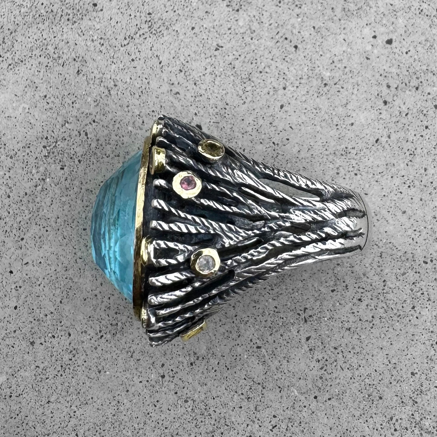 Styliano Blue Topaz and Tourmalines Yellow Gold Sterling Silver Ring