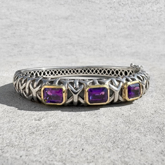 Custom Hinged Sterling Silver 14K Gold Settings Amethysts Bracelet