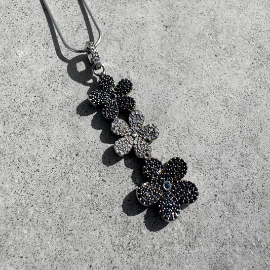Black Spinel and Diamonds Rhodium Plated Sterling Silver Floral Pendant on Chain