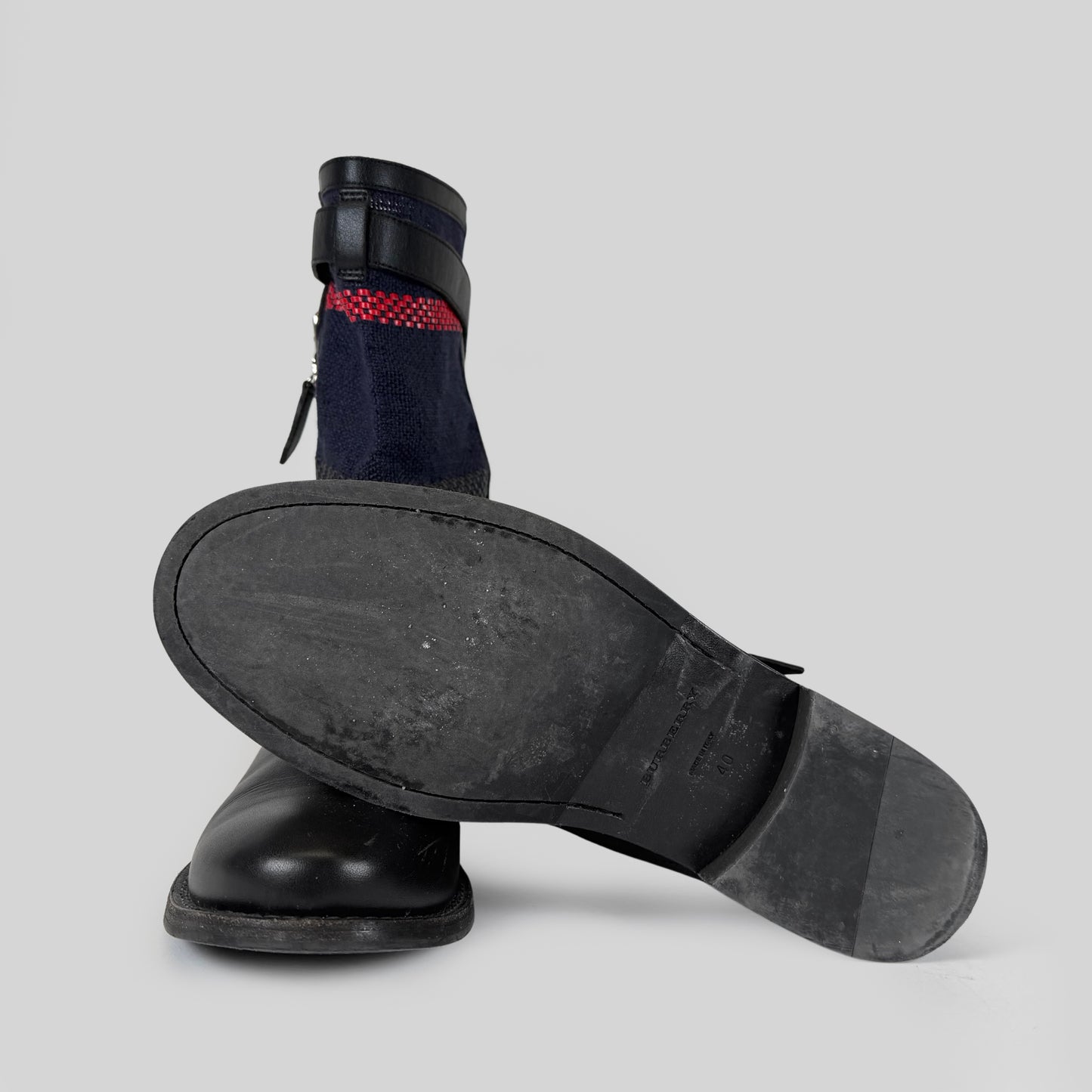 Burberry Leather Plaid Canvas Buckled Boots