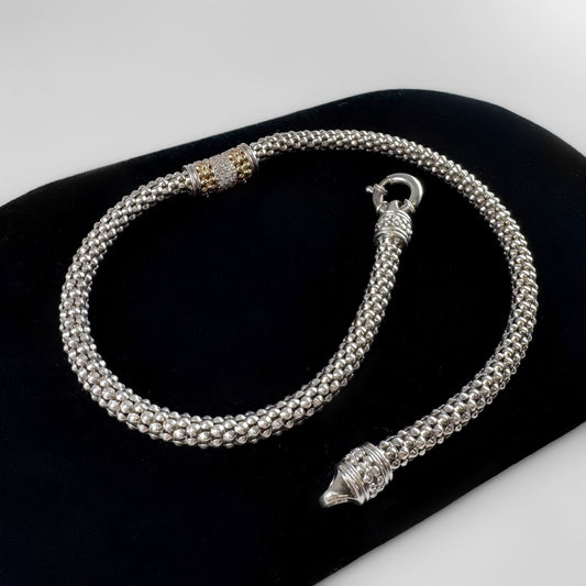 Yellow Gold Accents and Diamonds Sterling Silver Popcorn Link Necklace