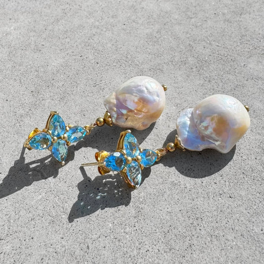 Blue Topaz and Pearl Gold Plated Sterling Silver Earring