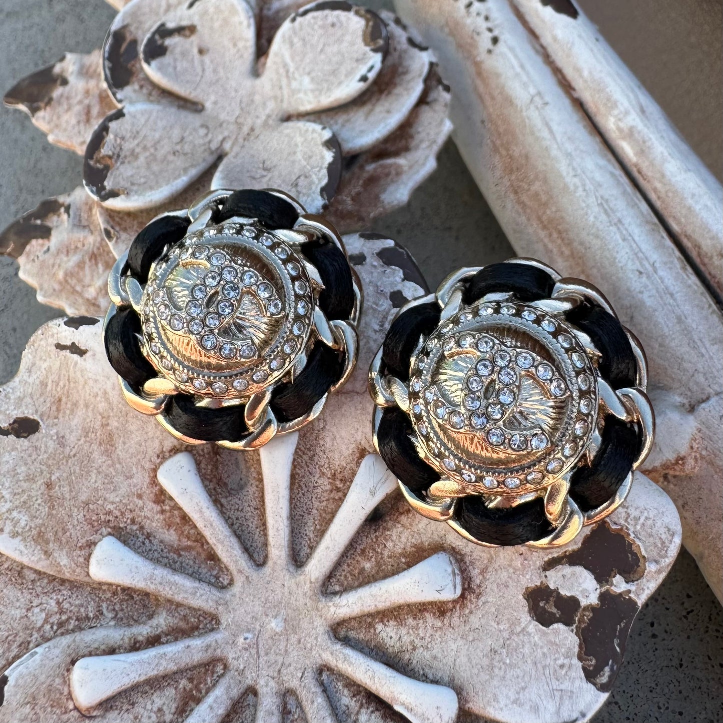 Chanel Coco Metal Lambskin Strass Stud Earrings