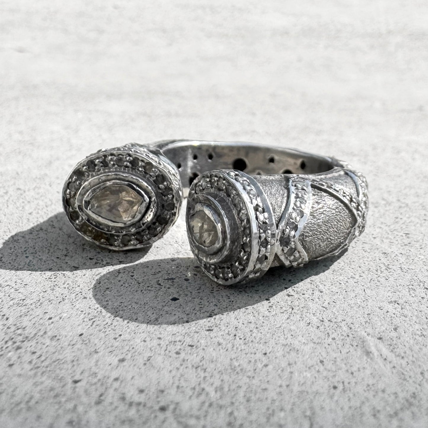 Custom Sterling Silver Diamond Tapered Saddle Ring