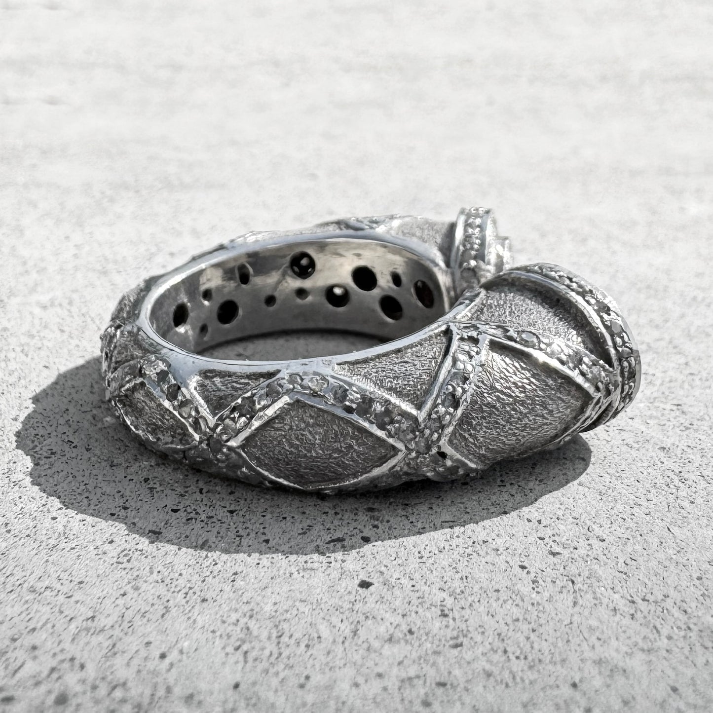 Custom Sterling Silver Diamond Tapered Saddle Ring