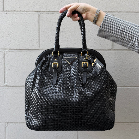 Prada Black Woven Leather Madras Frame Tote Bag