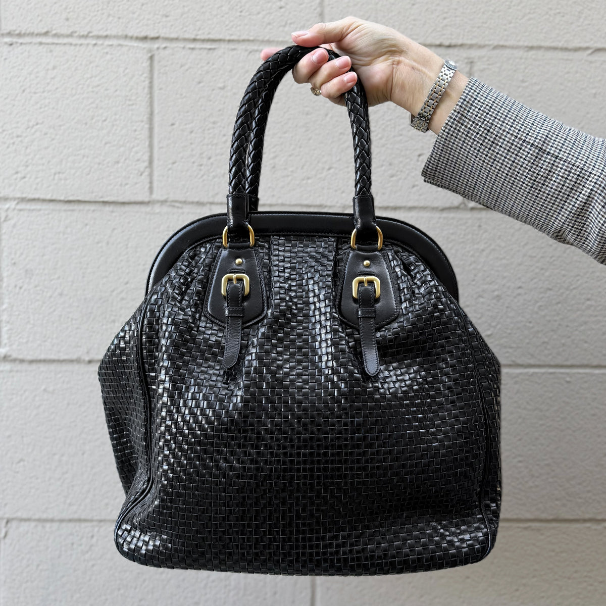 Prada Black Woven Leather Madras Frame Tote Bag