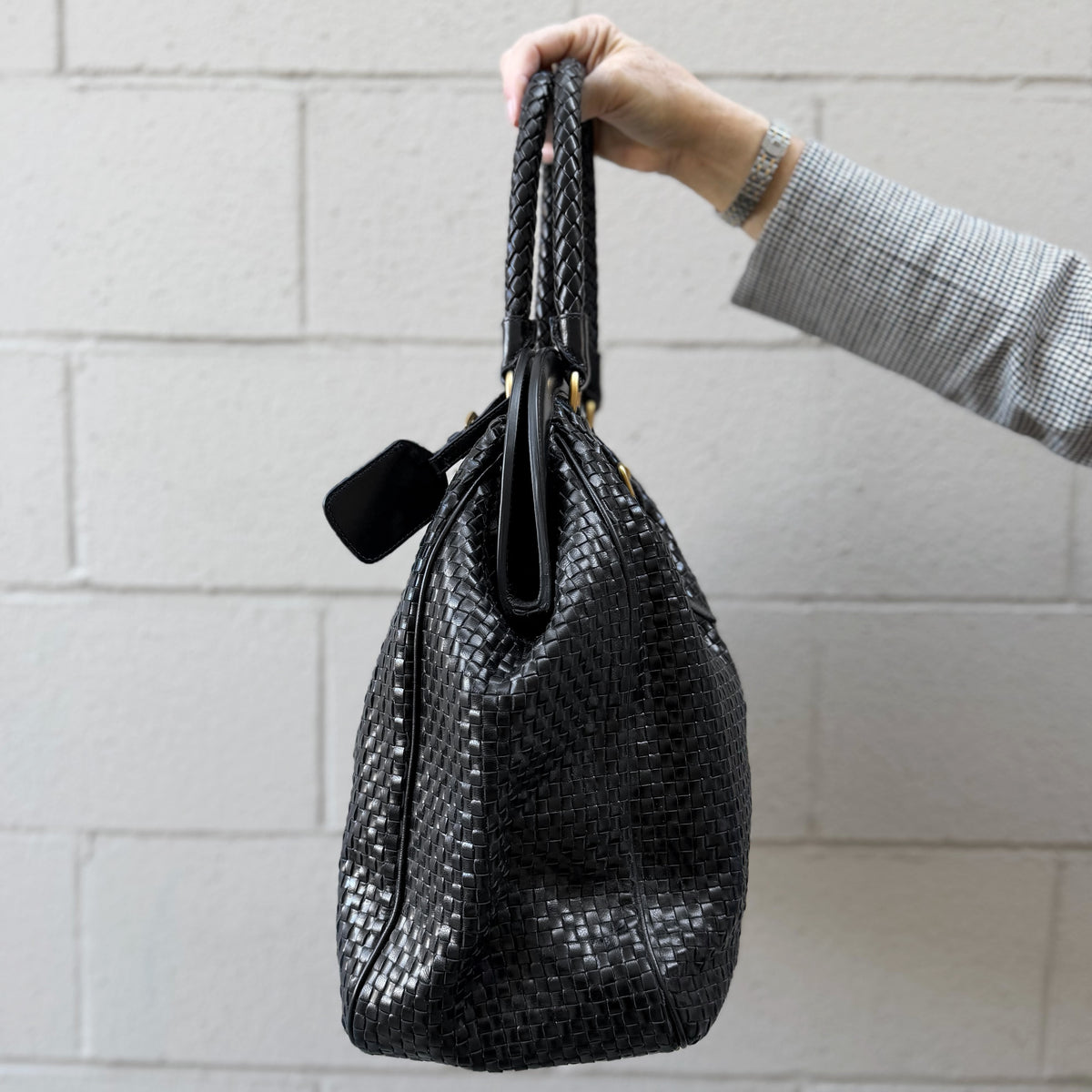 Prada Black Woven Leather Madras Frame Tote Bag