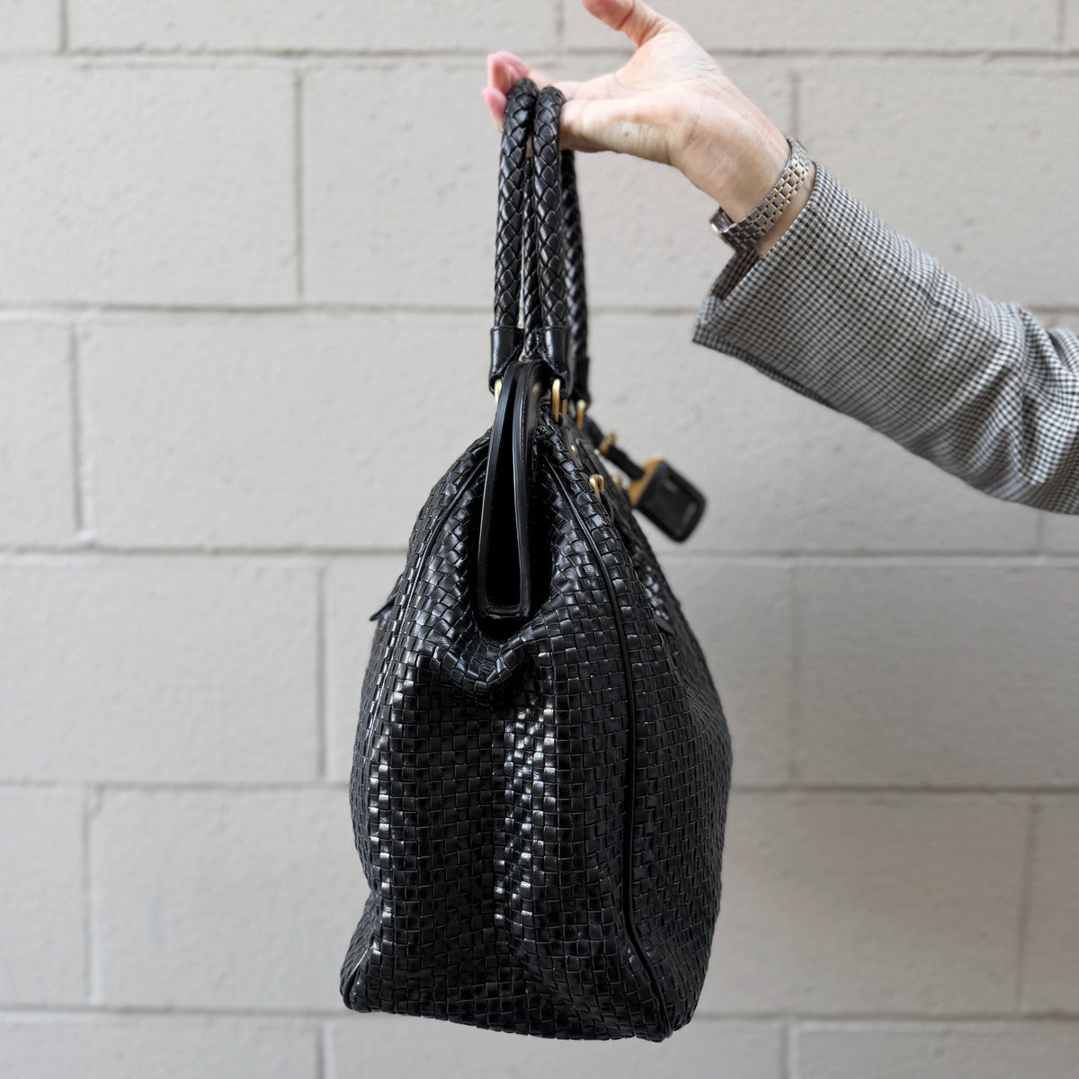 Prada Black Woven Leather Madras Frame Tote Bag