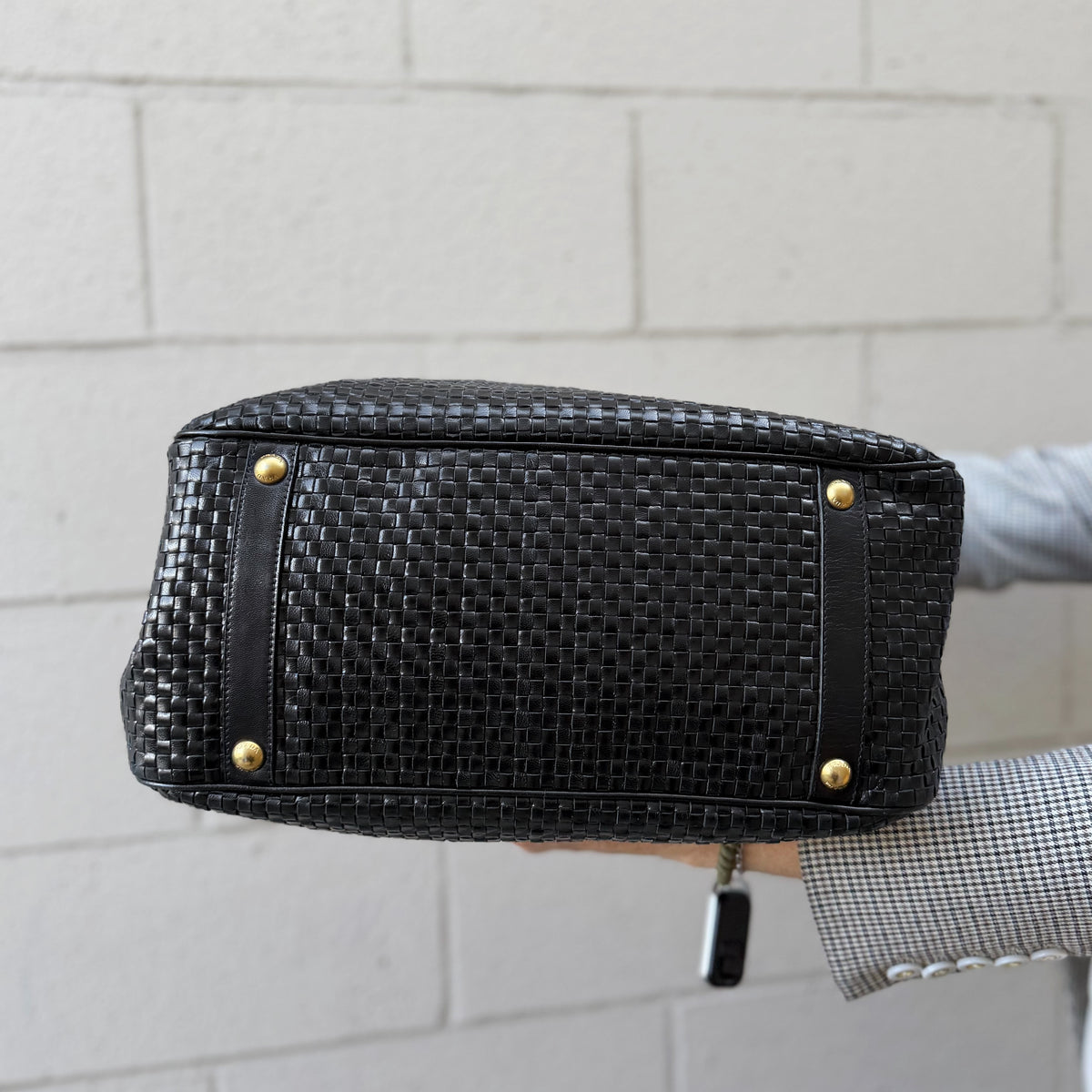 Prada Black Woven Leather Madras Frame Tote Bag