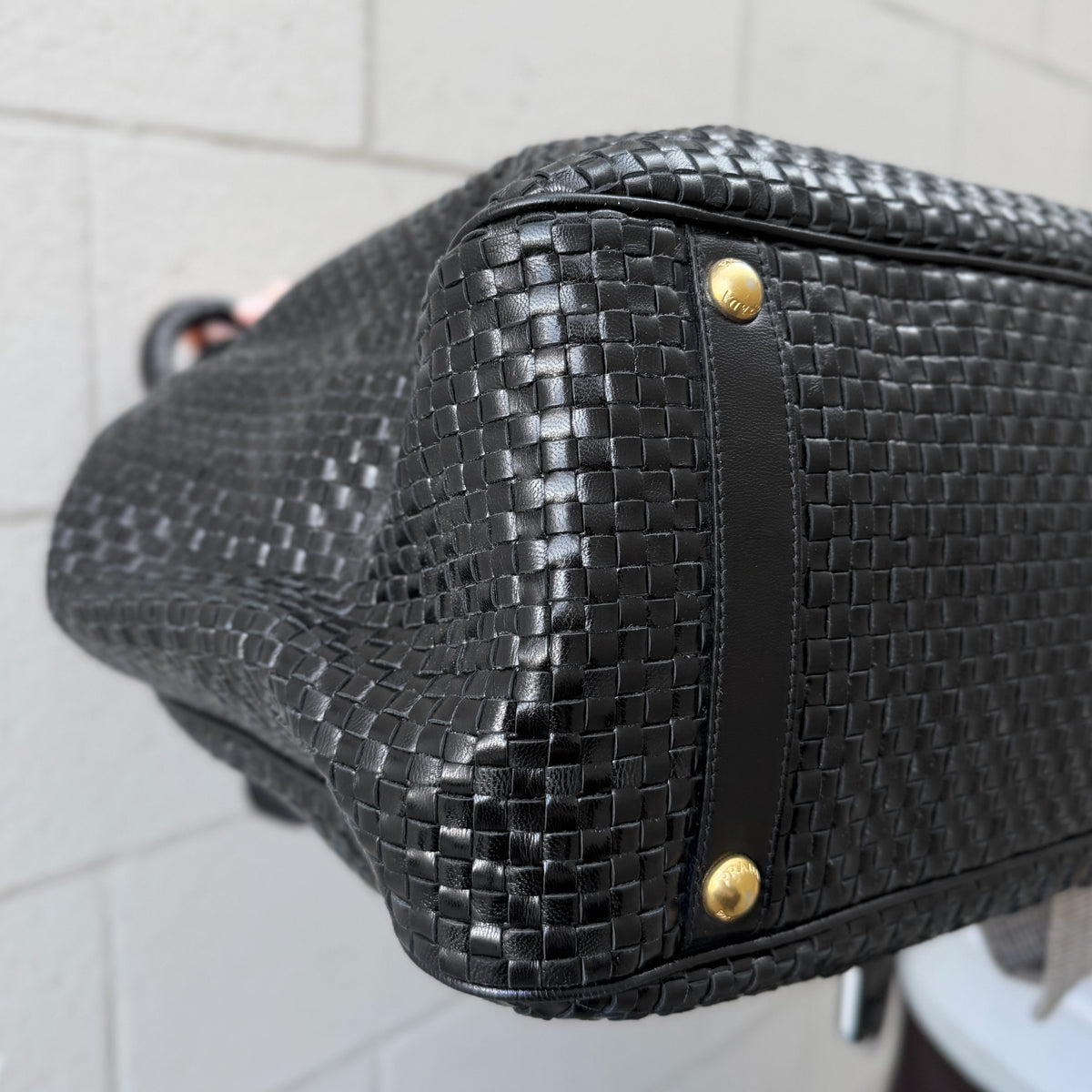 Prada Black Woven Leather Madras Frame Tote Bag