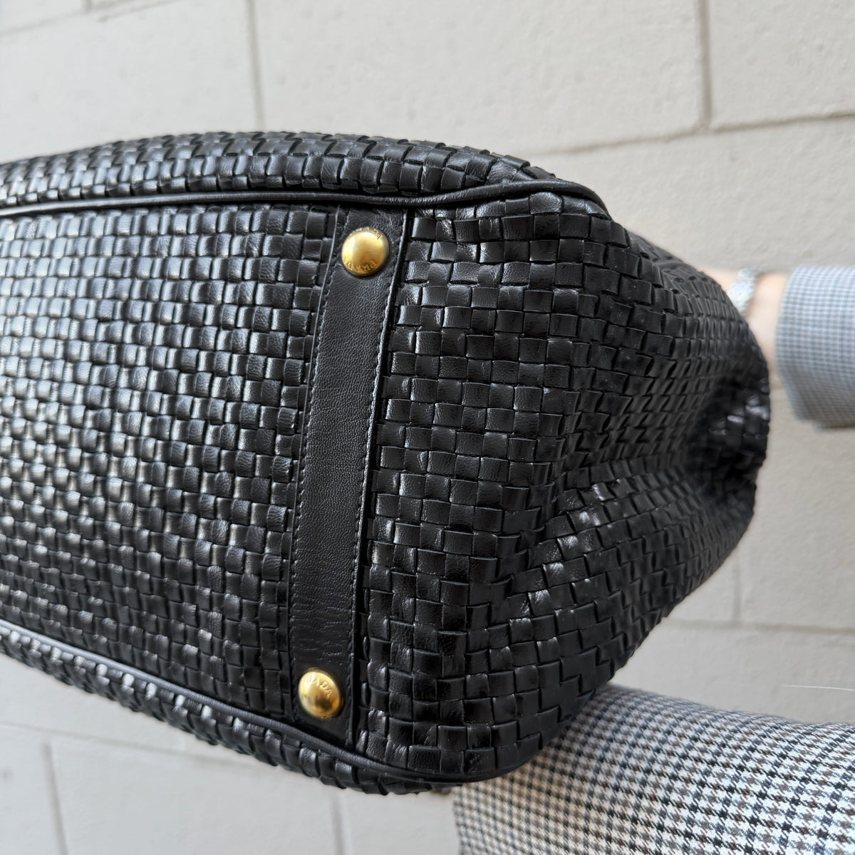 Prada Black Woven Leather Madras Frame Tote Bag