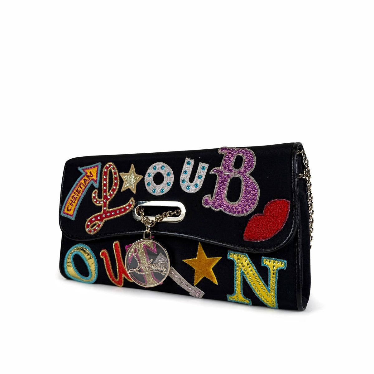 Christian Louboutin Canvas Patch Letters Riviera Clutch on Chain