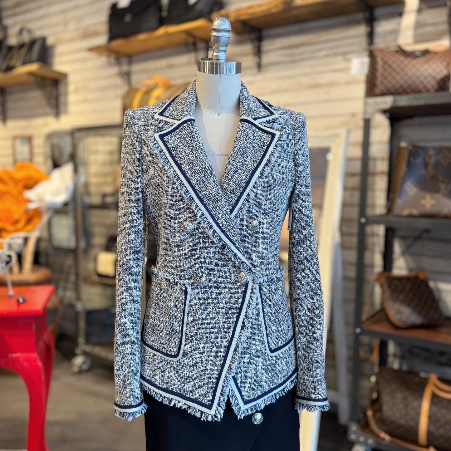 Veronica Beard Tweed Fringed Edge Blazer