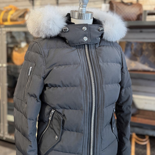 Moose Knuckles Original Debbie Blue Fox Trim Bomber Jacket