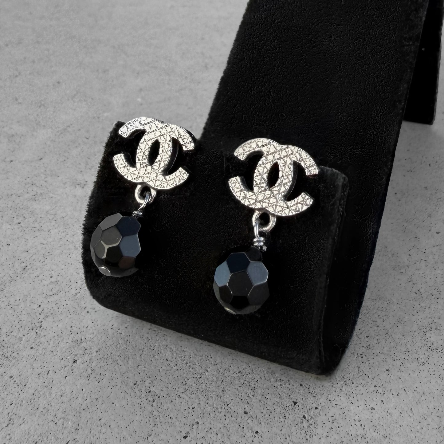 Chanel CC Black Bead Drop Earrings