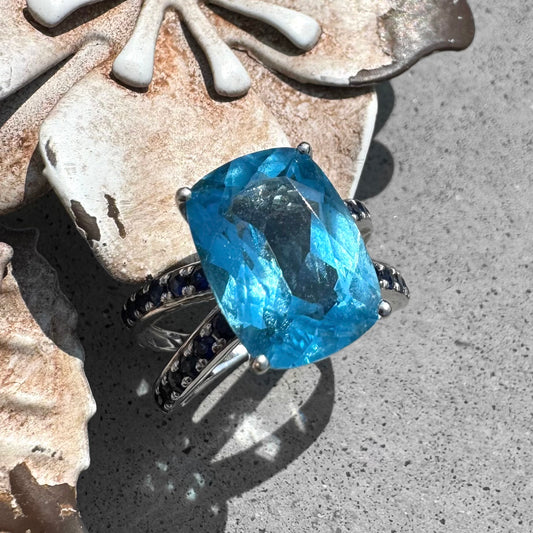 Custom Blue Topaz and Dark Blue Sapphire White Gold Ring