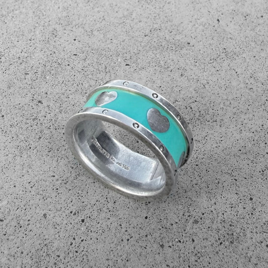 Tiffany & Co. Sterling Silver Blue Enamel Heart Band Ring