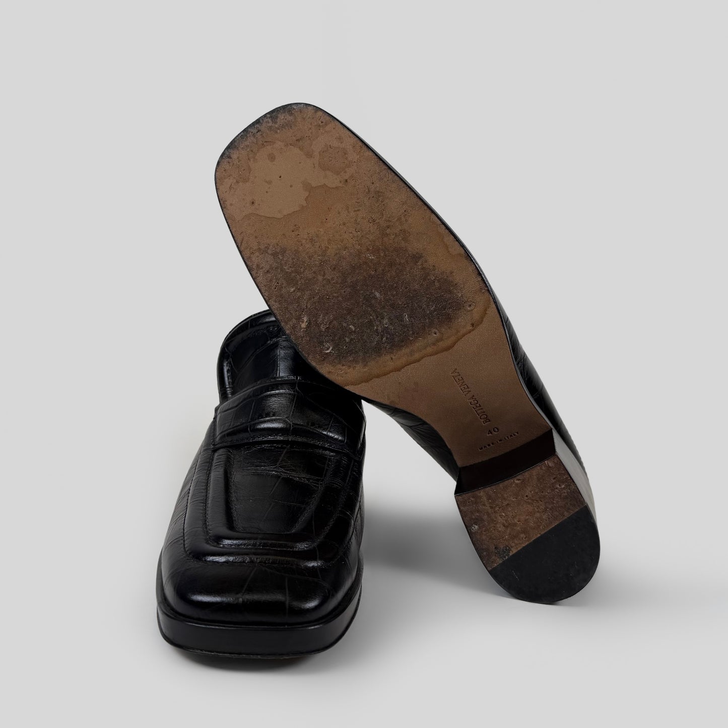 Bottega Veneta Croc-Embossed Leather Loafer Mules