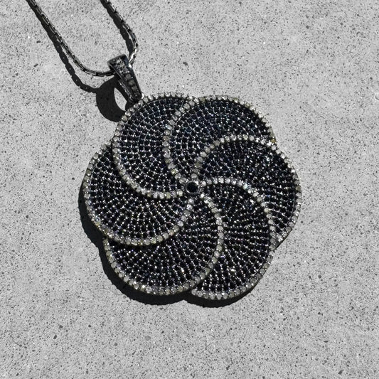 Black Spinel and Diamonds Rhodium Plated Sterling Silver Floral Pendant