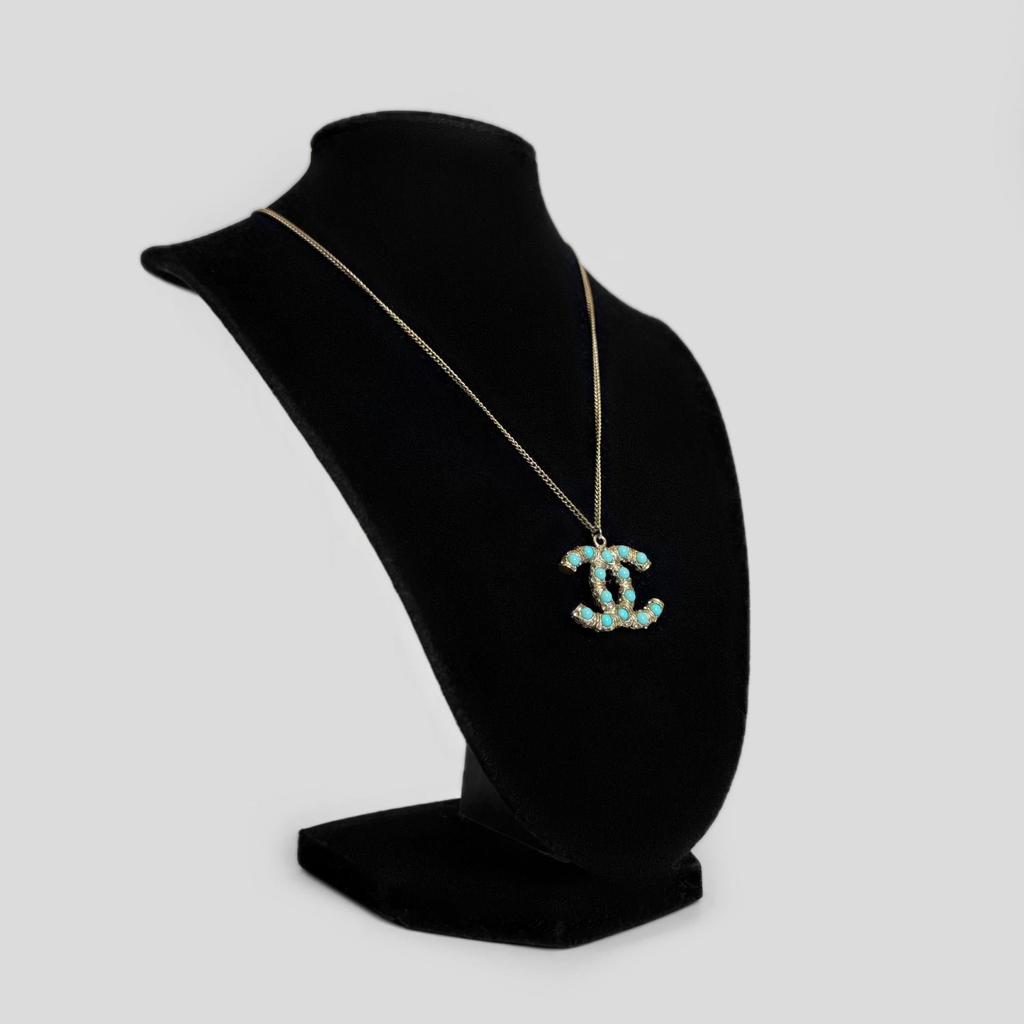 Chanel CC Logo Turquoise Colored Stone Pendant Necklace