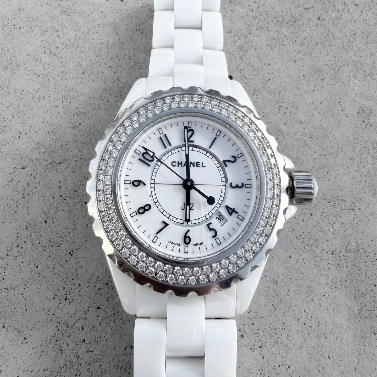 Chanel J12 White Ceramic Diamond Bezel Watch