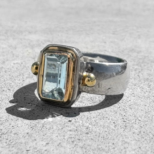 Aquamarine Yellow Gold Sterling Silver Ring