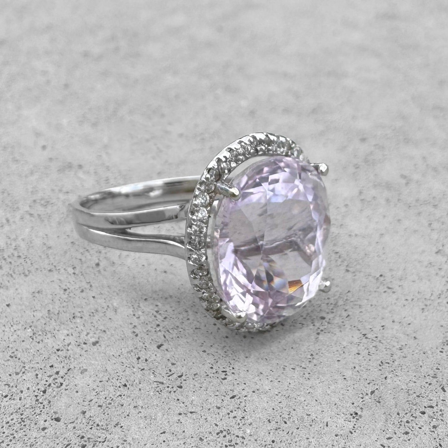 Kunzite and Diamond White Gold Halo Ring