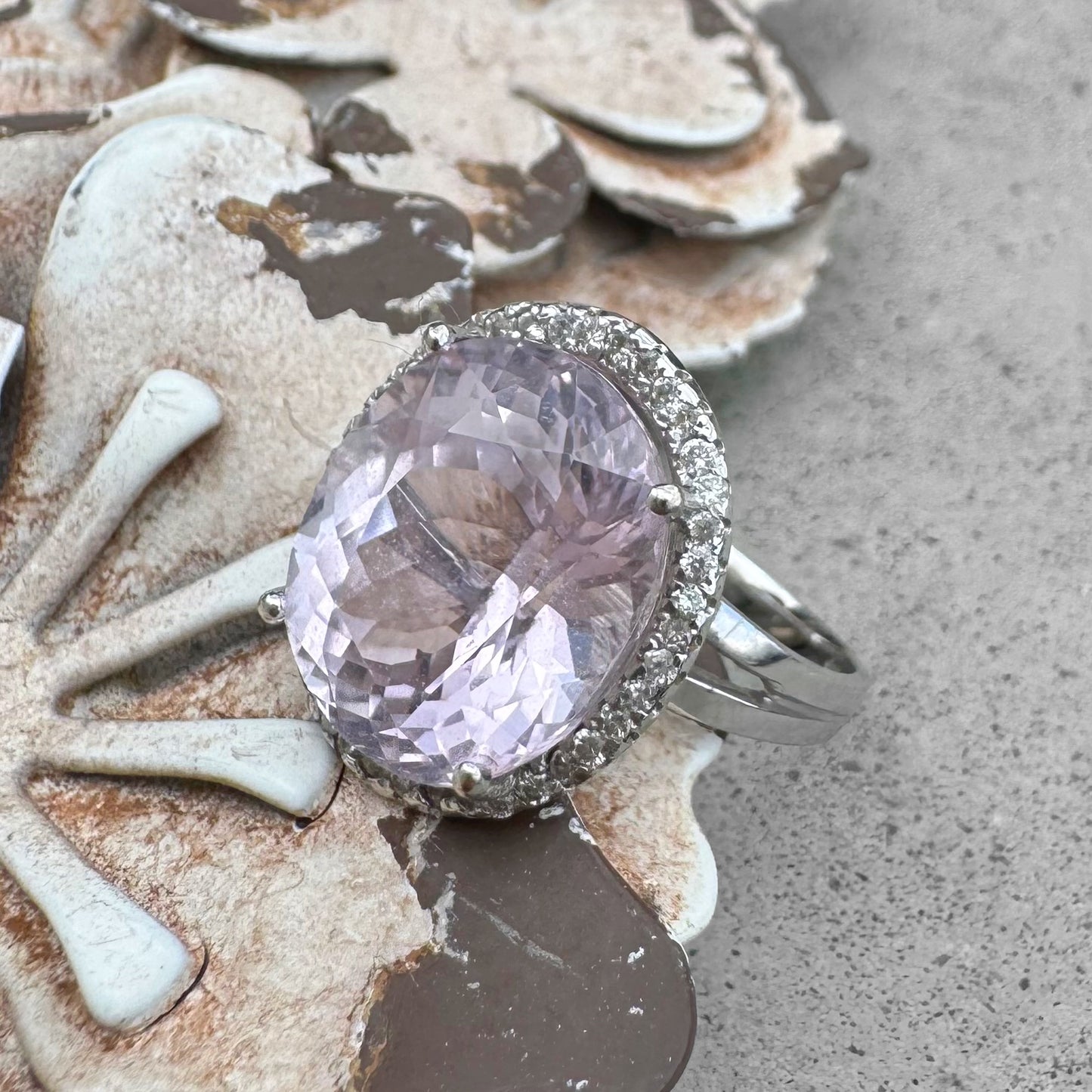 Kunzite and Diamond White Gold Halo Ring