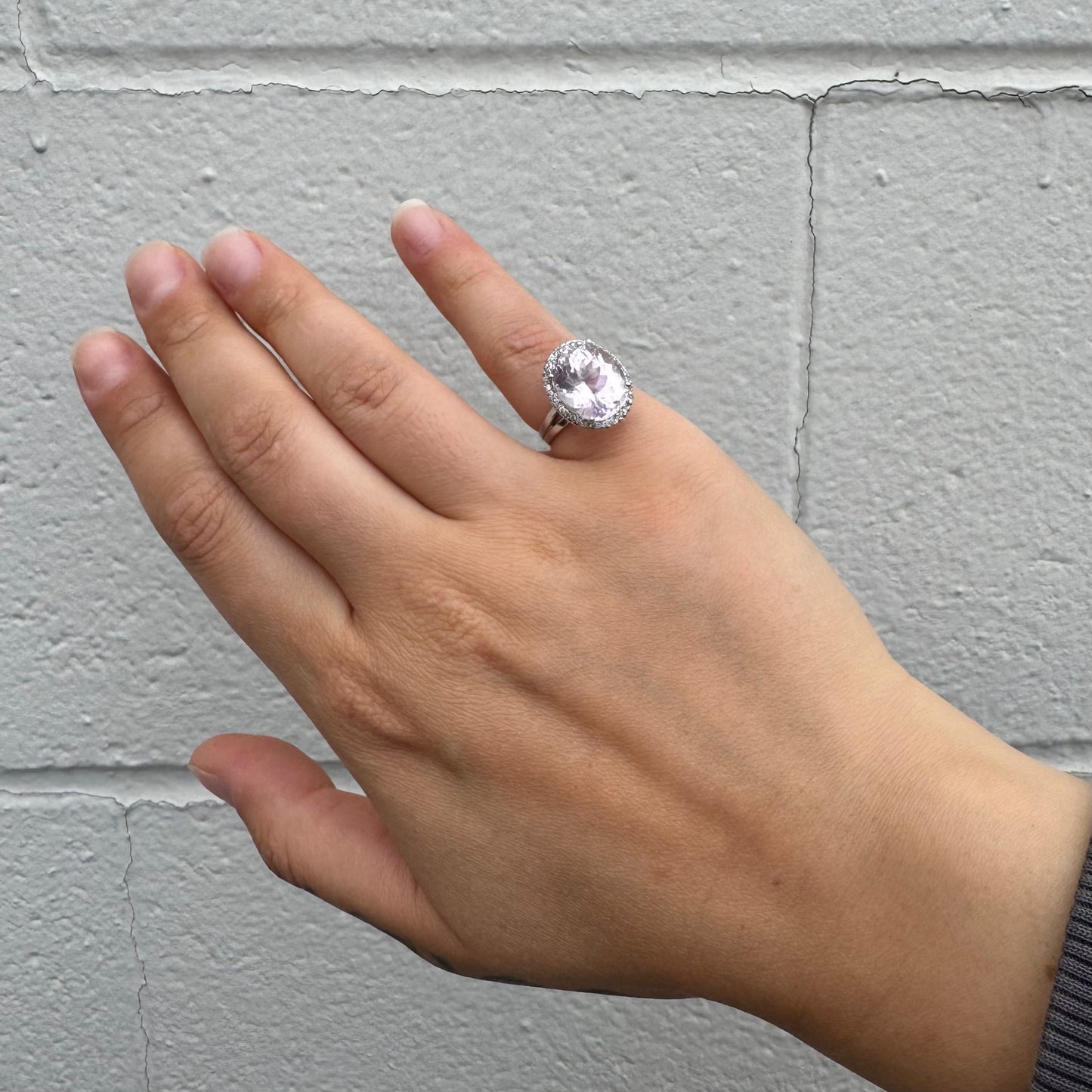 Kunzite and Diamond White Gold Halo Ring