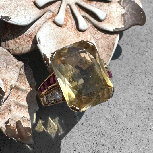 Custom Yellow Gold Citrine Rubies and Diamonds Ring