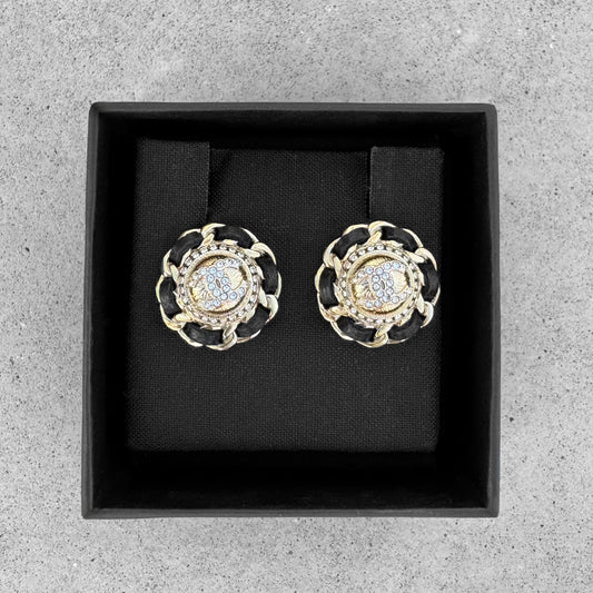 Chanel Coco Metal Lambskin Strass Stud Earrings