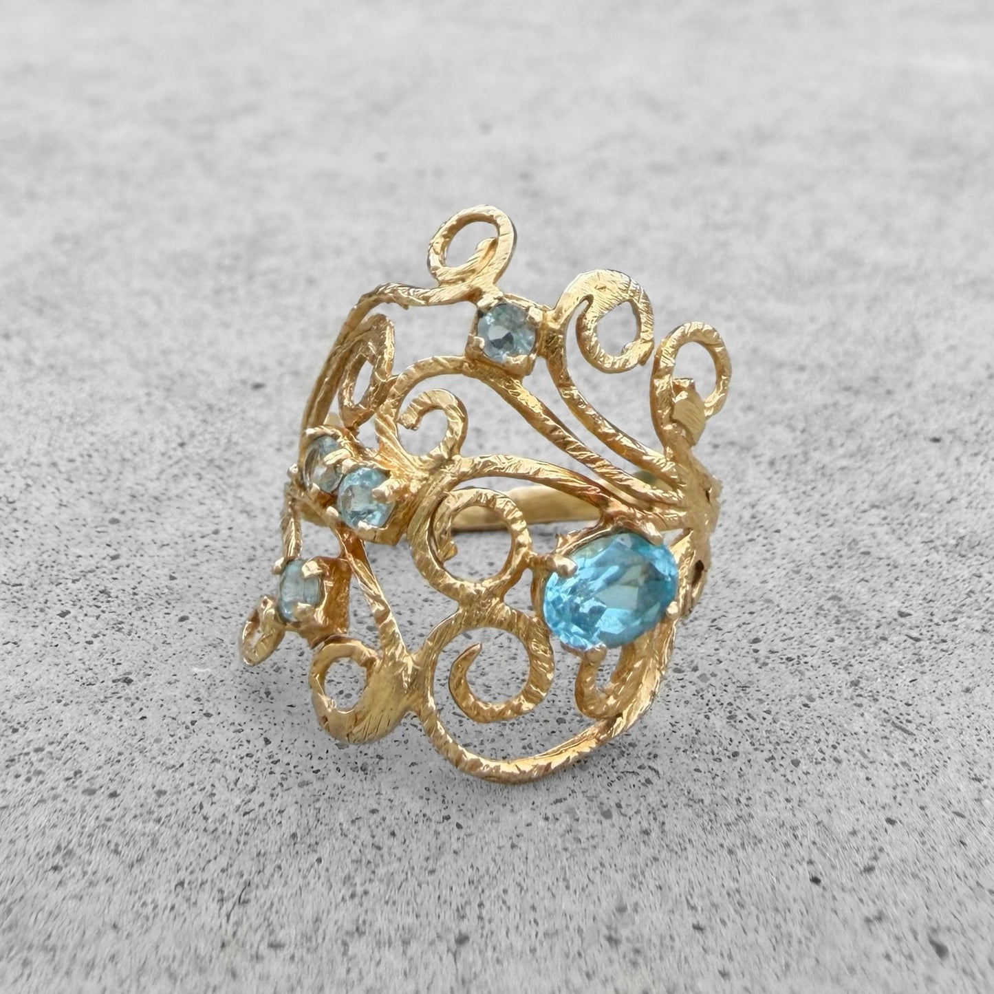 Estate Yellow Gold Blue Topaz Fligree Ring