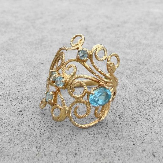 Estate Yellow Gold Blue Topaz Fligree Ring