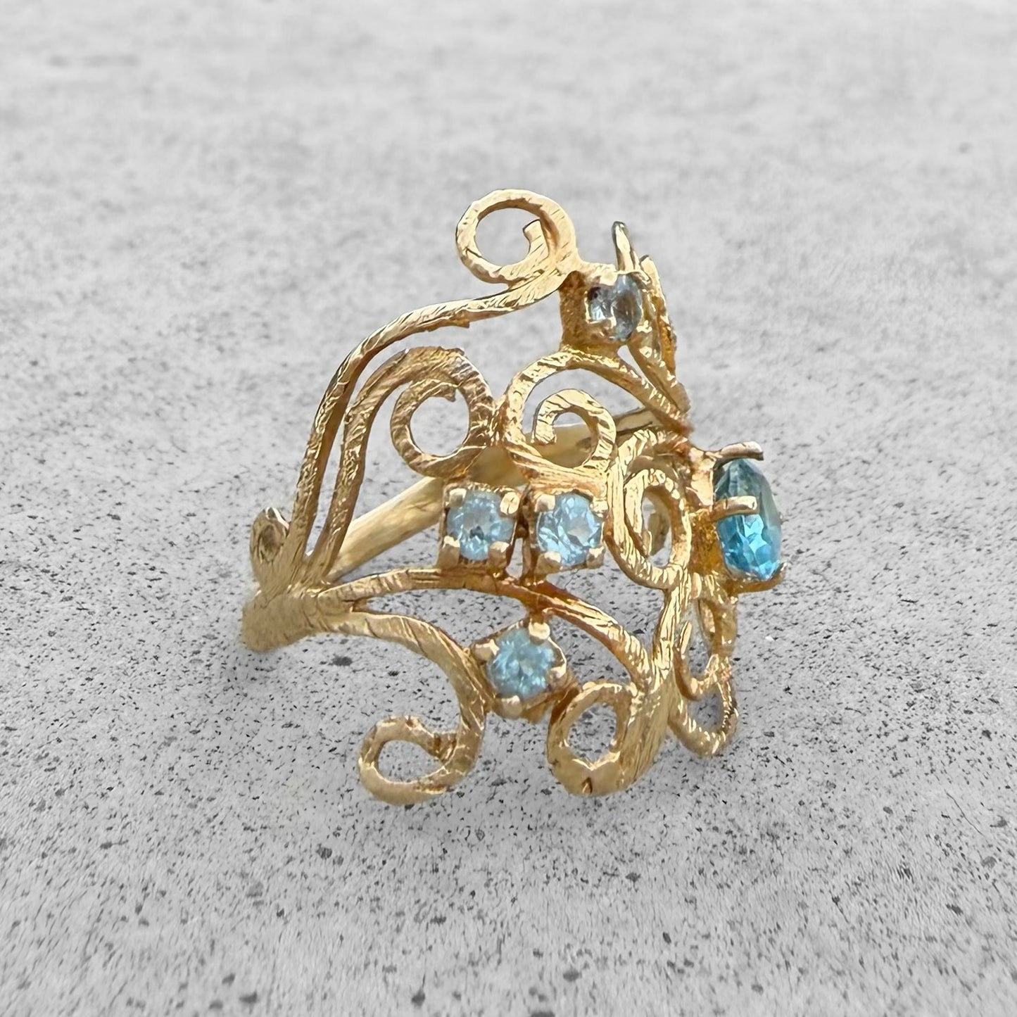 Estate Yellow Gold Blue Topaz Fligree Ring